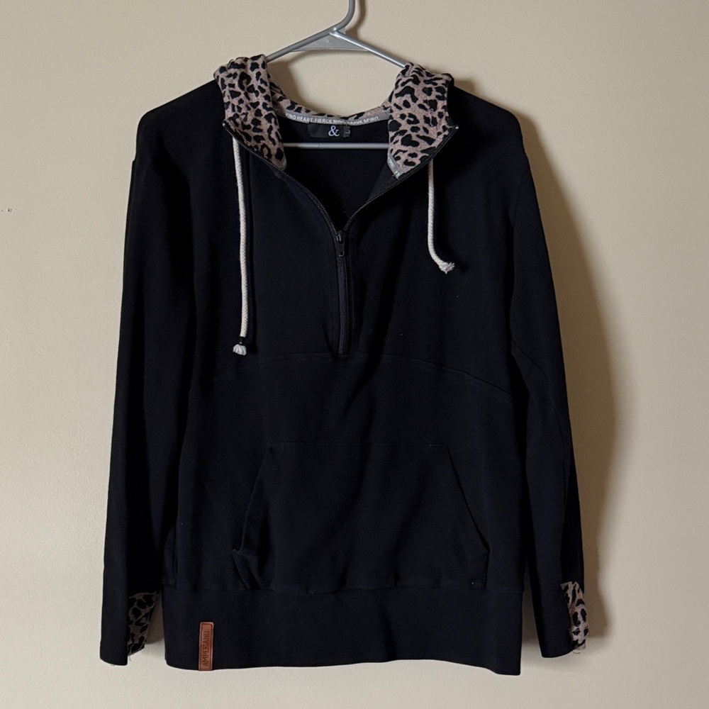 AMPERSAND AVE Black 1/4 Zip Hoodie with Leopard Print Accents